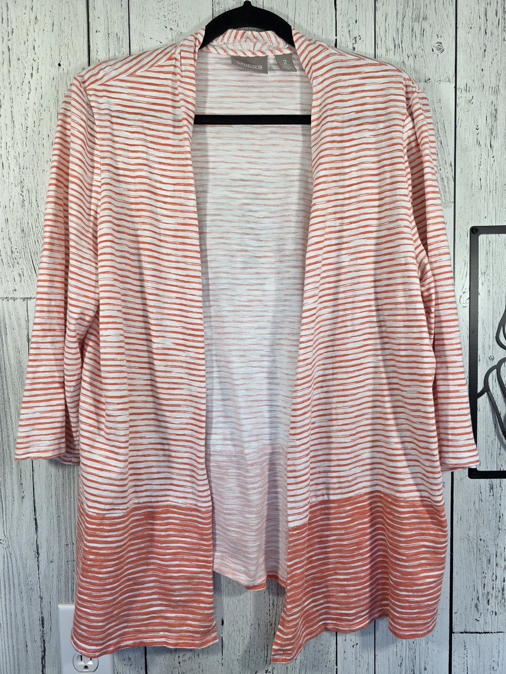 Chico’s Size 2 L Orange White Striped Longline Cardigan 100% Cotton, Resortwear